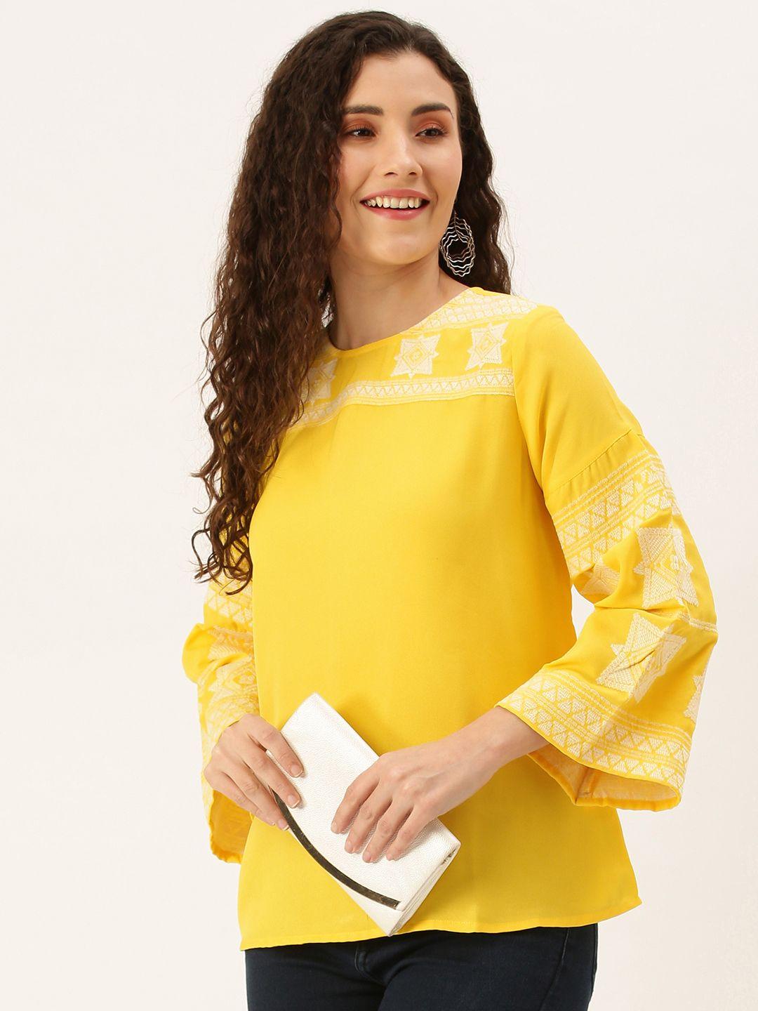 flying machine women mustard yellow embroidered top