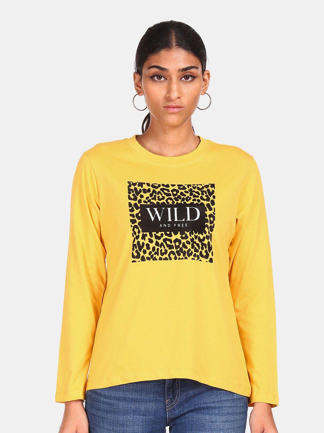 flying machine women mustard yellow printed t-shirt