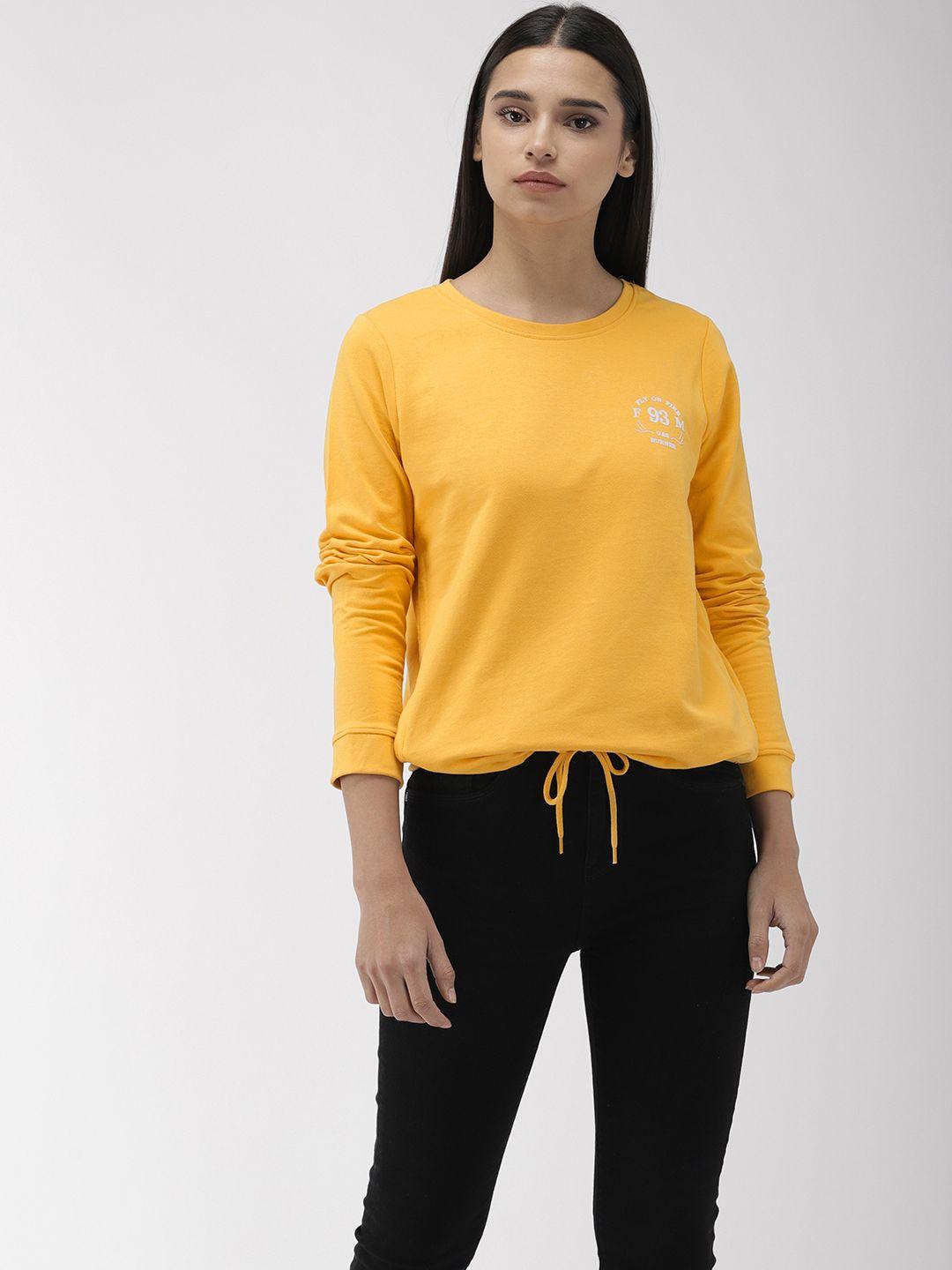 flying machine women mustard yellow solid sweatshirt