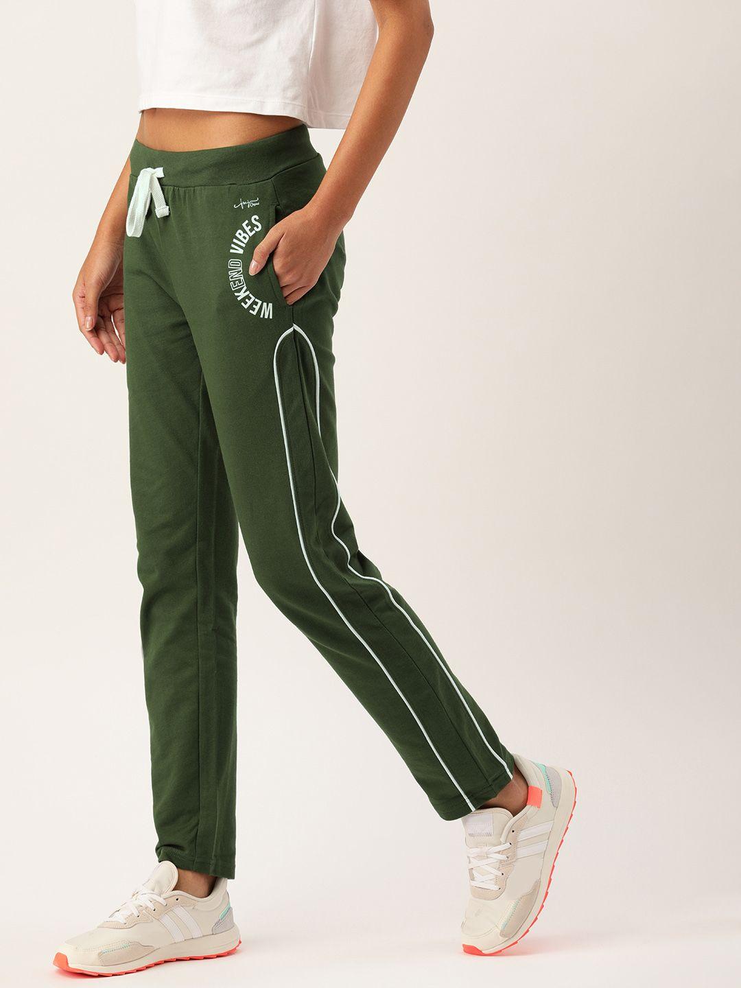 flying machine women olive green solid cotton track pants