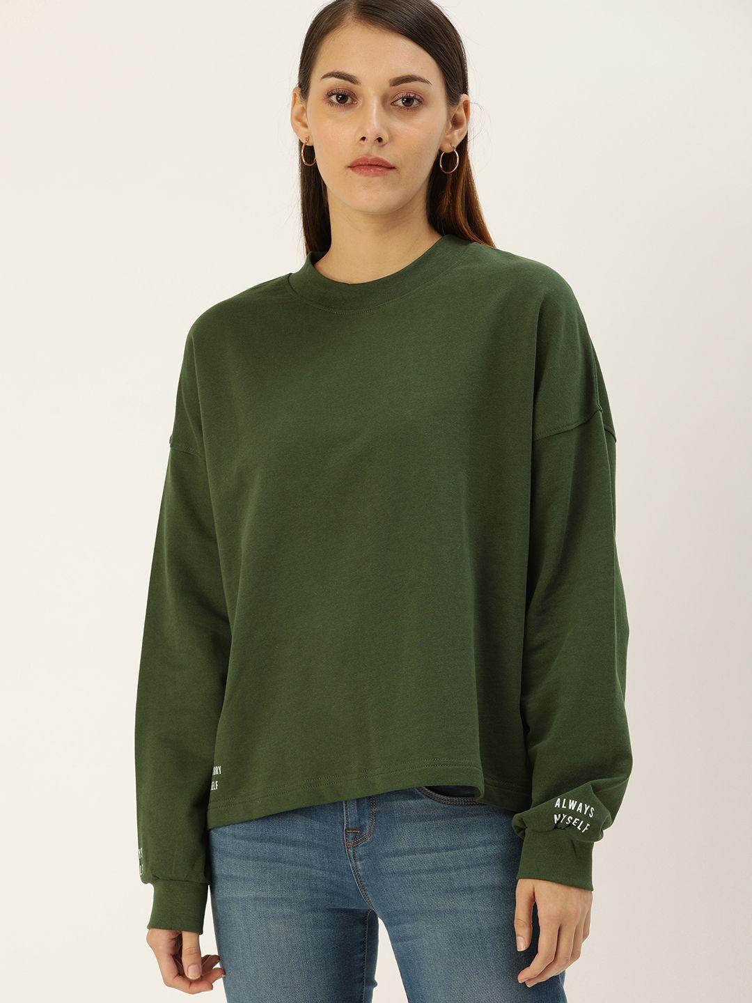 flying machine women olive green solid sweatshirt with print detail