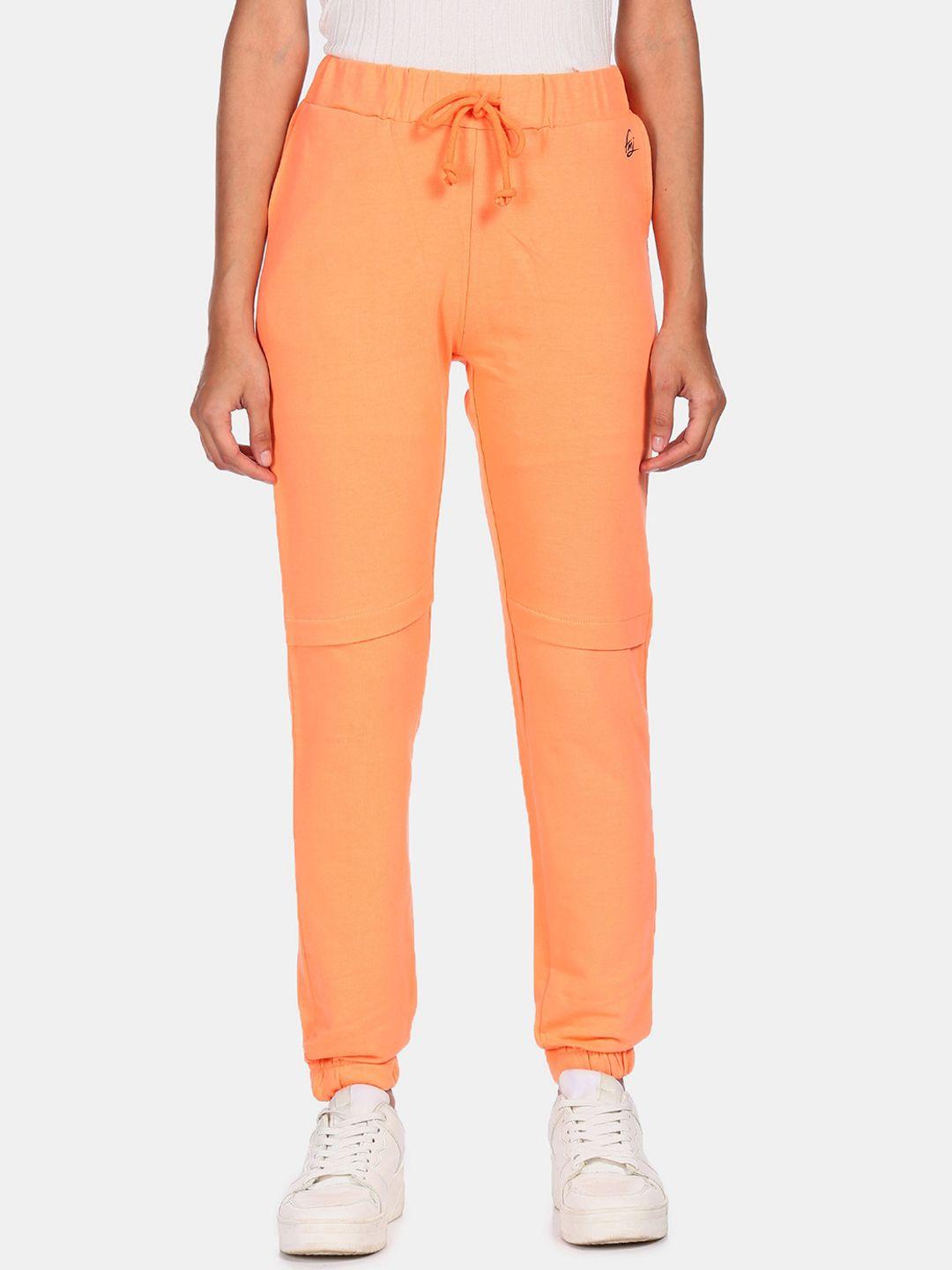 flying machine women orange solid straight-fit pure cotton joggers