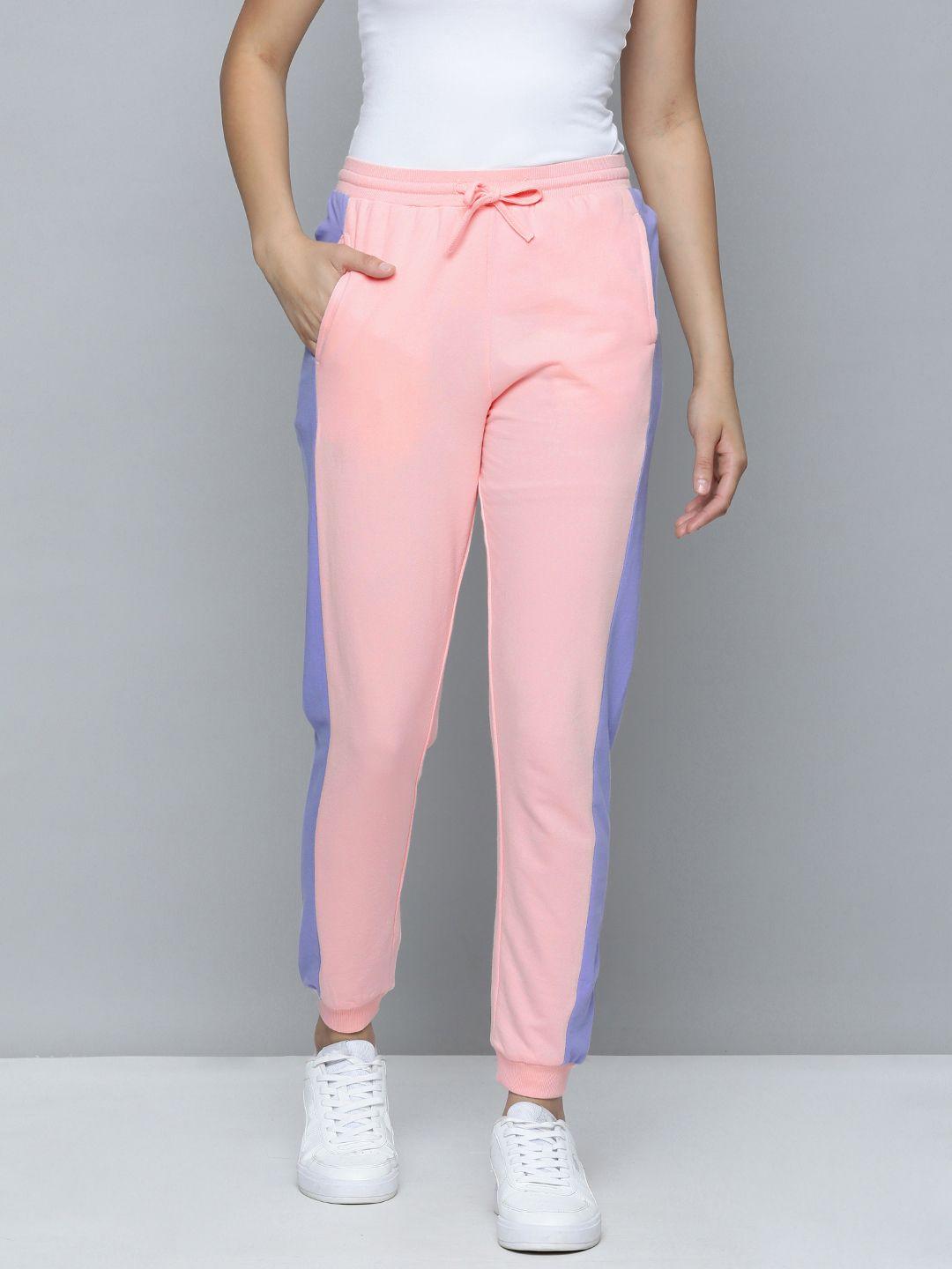 flying machine women pink & lavender side striped pure cotton joggers