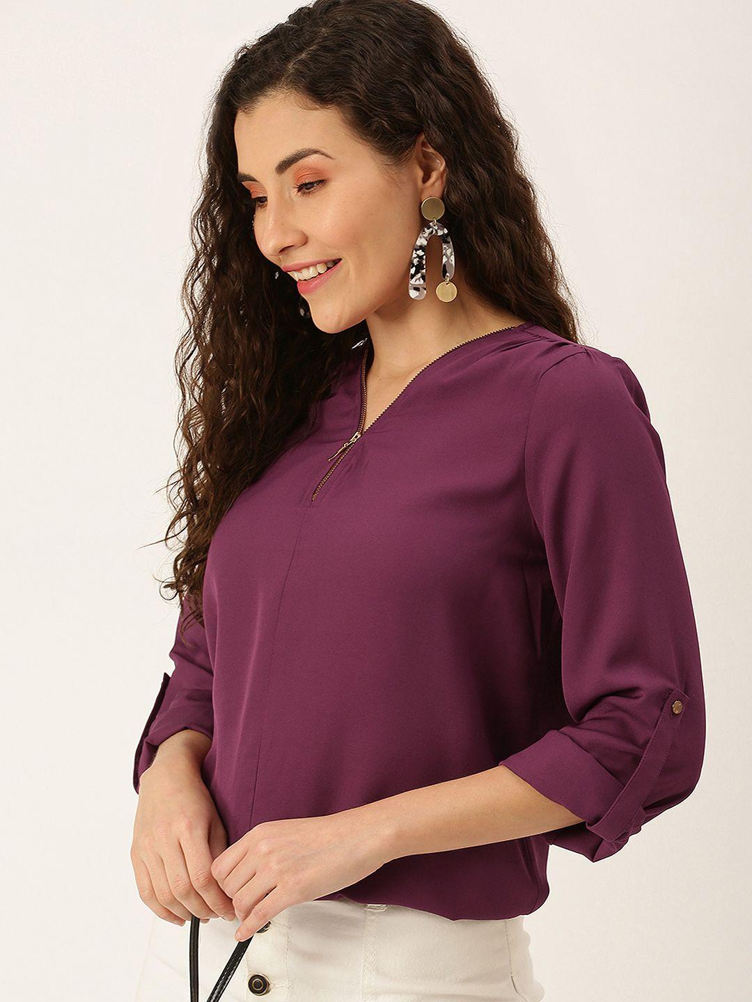 flying machine women purple roll-up sleeves top