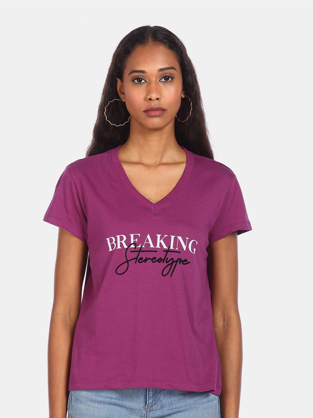 flying machine women purple typography printed v-neck t-shirt