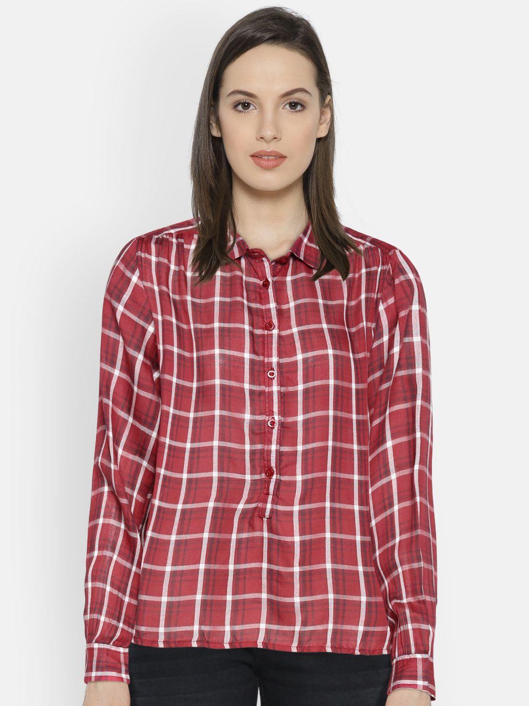 flying machine women red & white boxy checked casual shirt