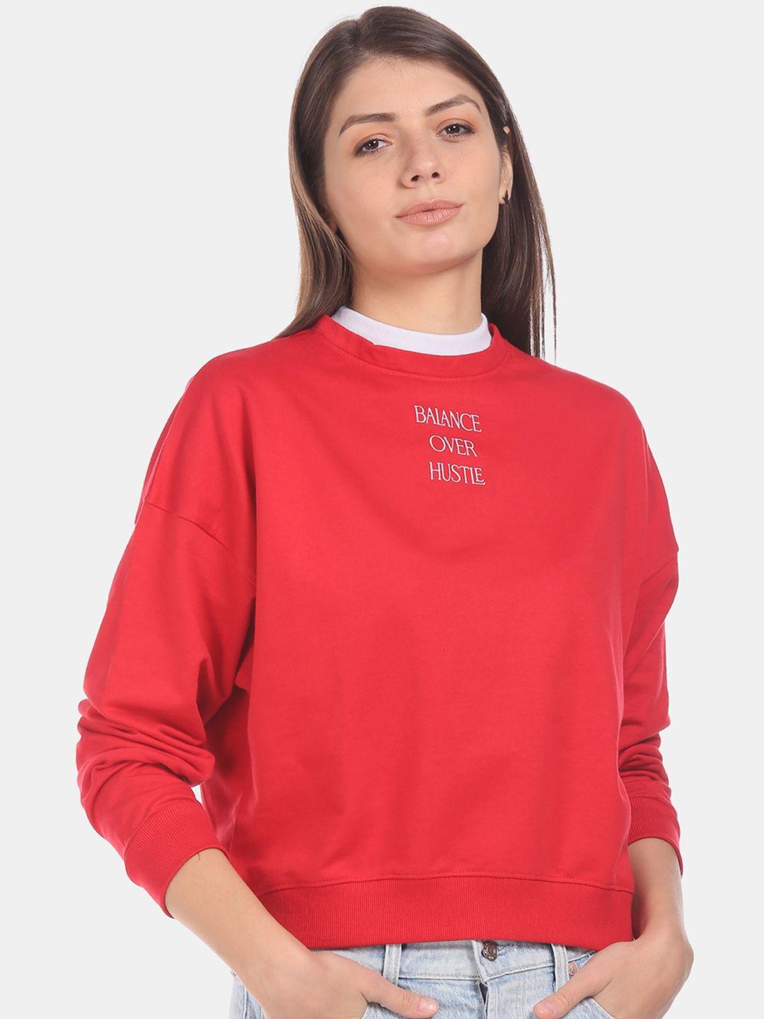 flying machine women red solid cotton sweatshirt