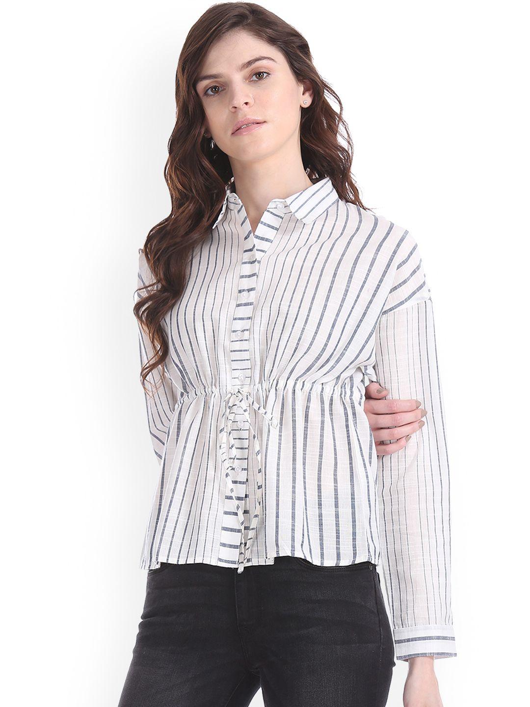 flying machine women white & blue regular fit striped casual shirt