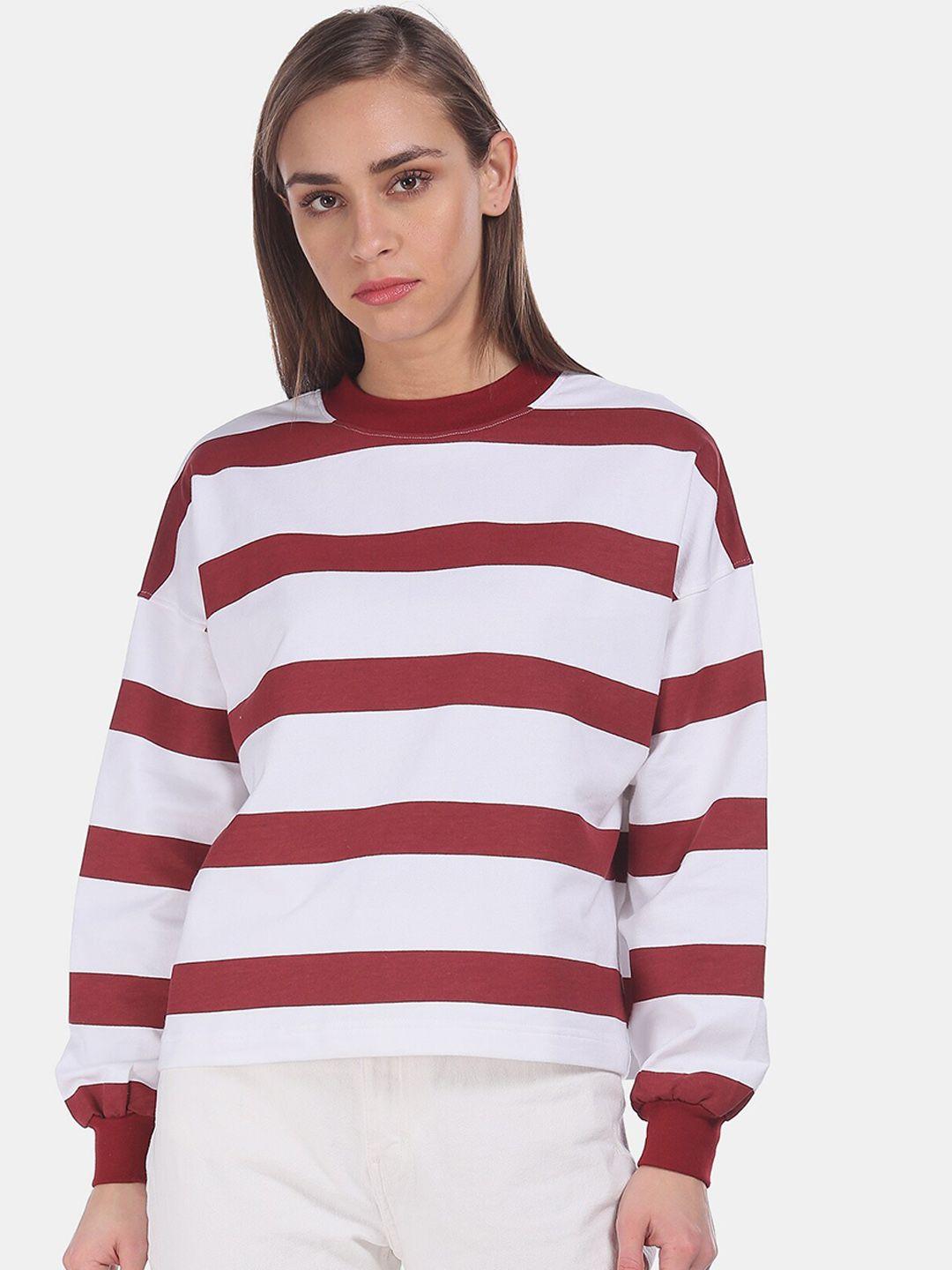 flying machine women white & maroon striped pure cotton sweatshirt