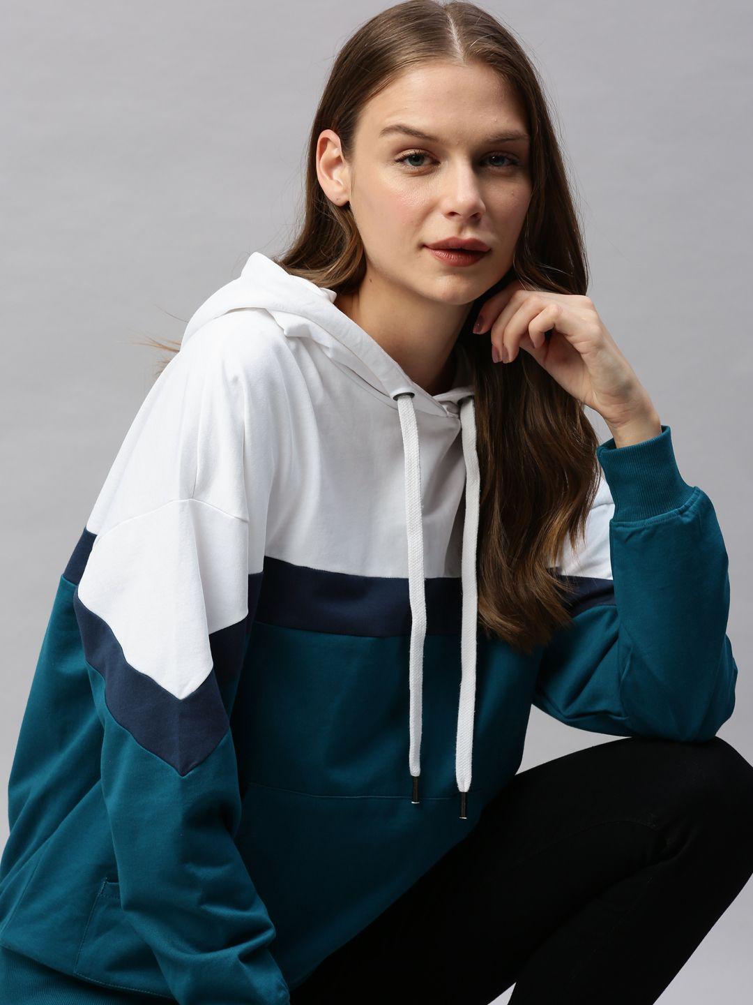 flying machine women white & teal blue colourblocked hooded pullover sweatshirt