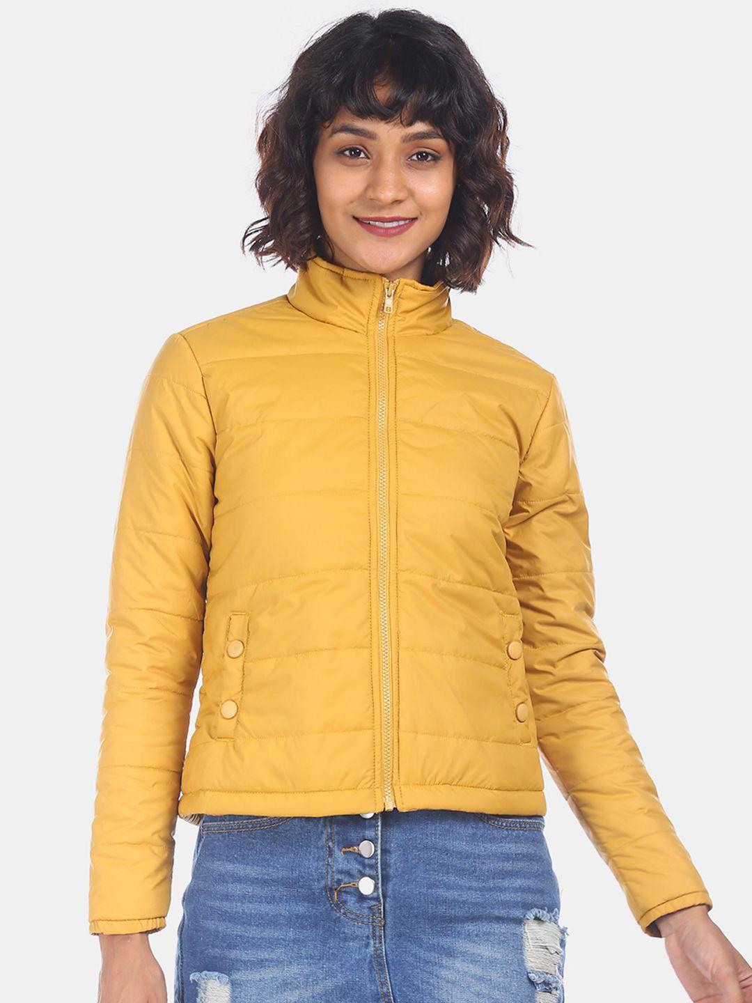 flying machine women yellow solid puffer jacket