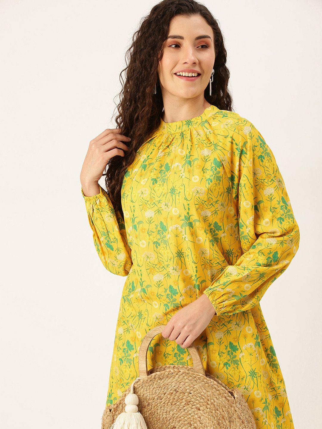 flying machine yellow & green floral printed extended sleeves pleated a-line dress