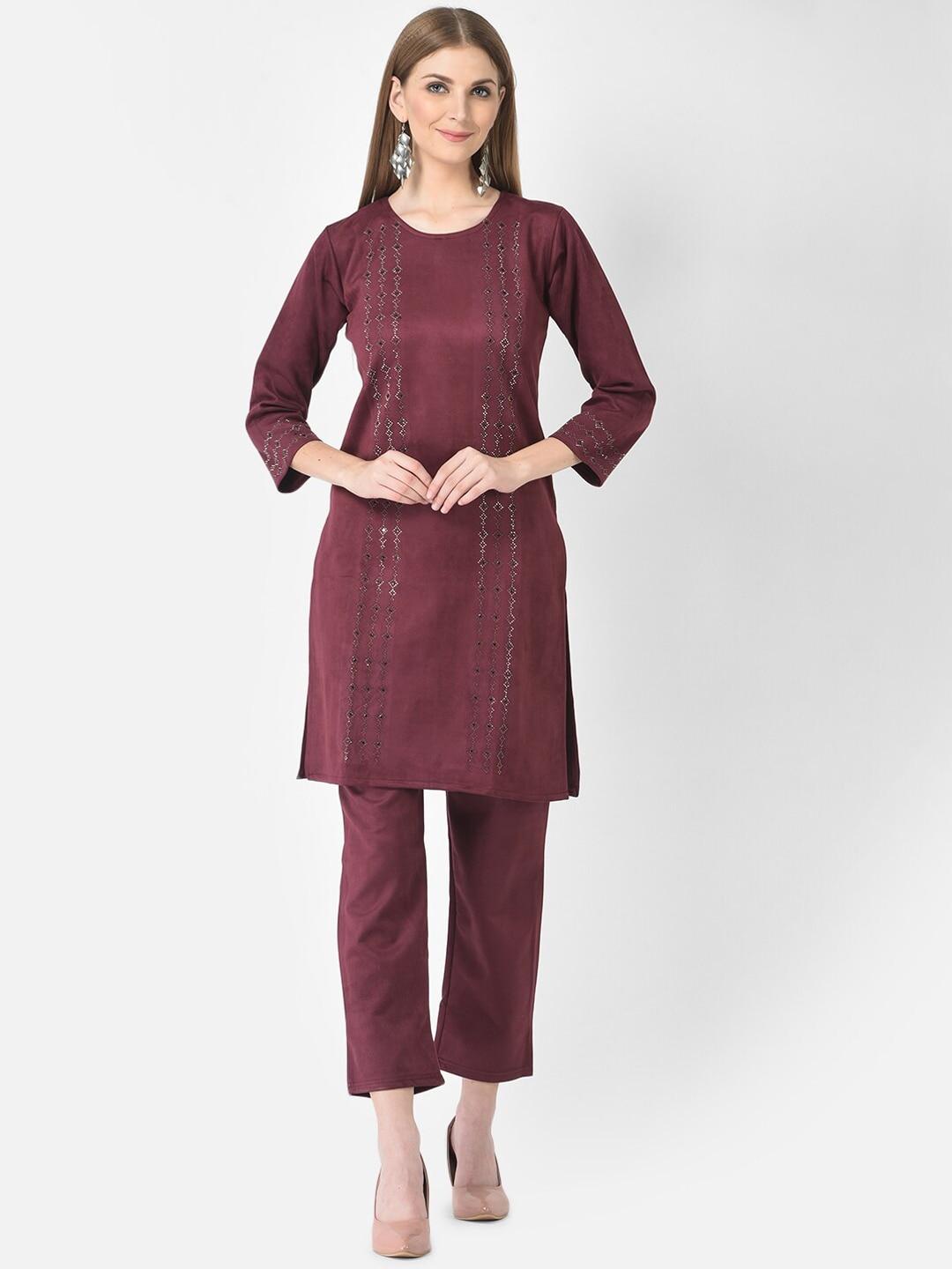 fnocks women maroon sequinned velvet kurta with trousers