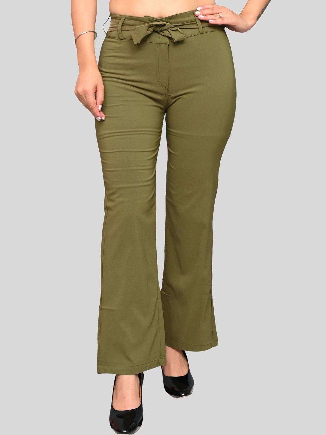fnocks women olive green relaxed straight leg trousers
