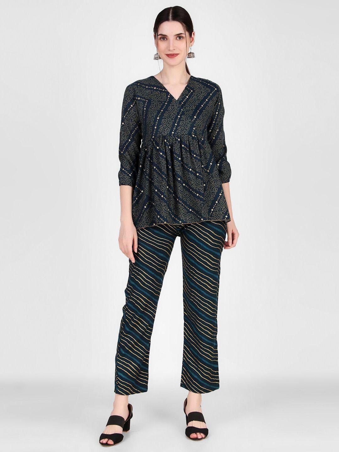 fnocks women printed pure cotton top with trousers