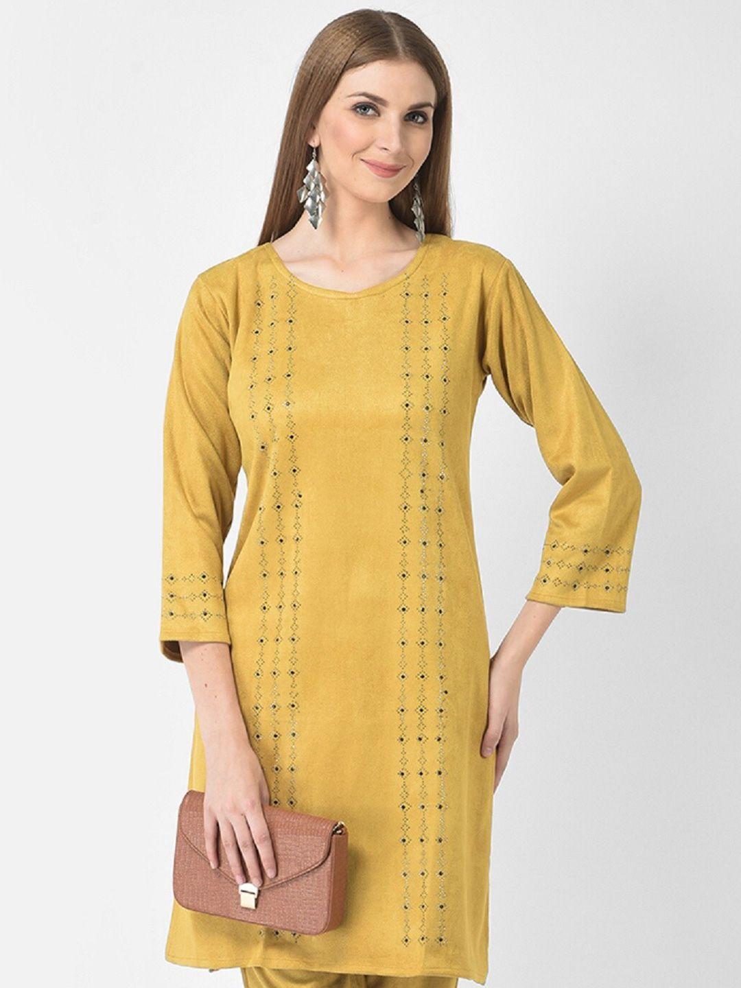 fnocks yellow geometric embellished velvet straight fit kurti