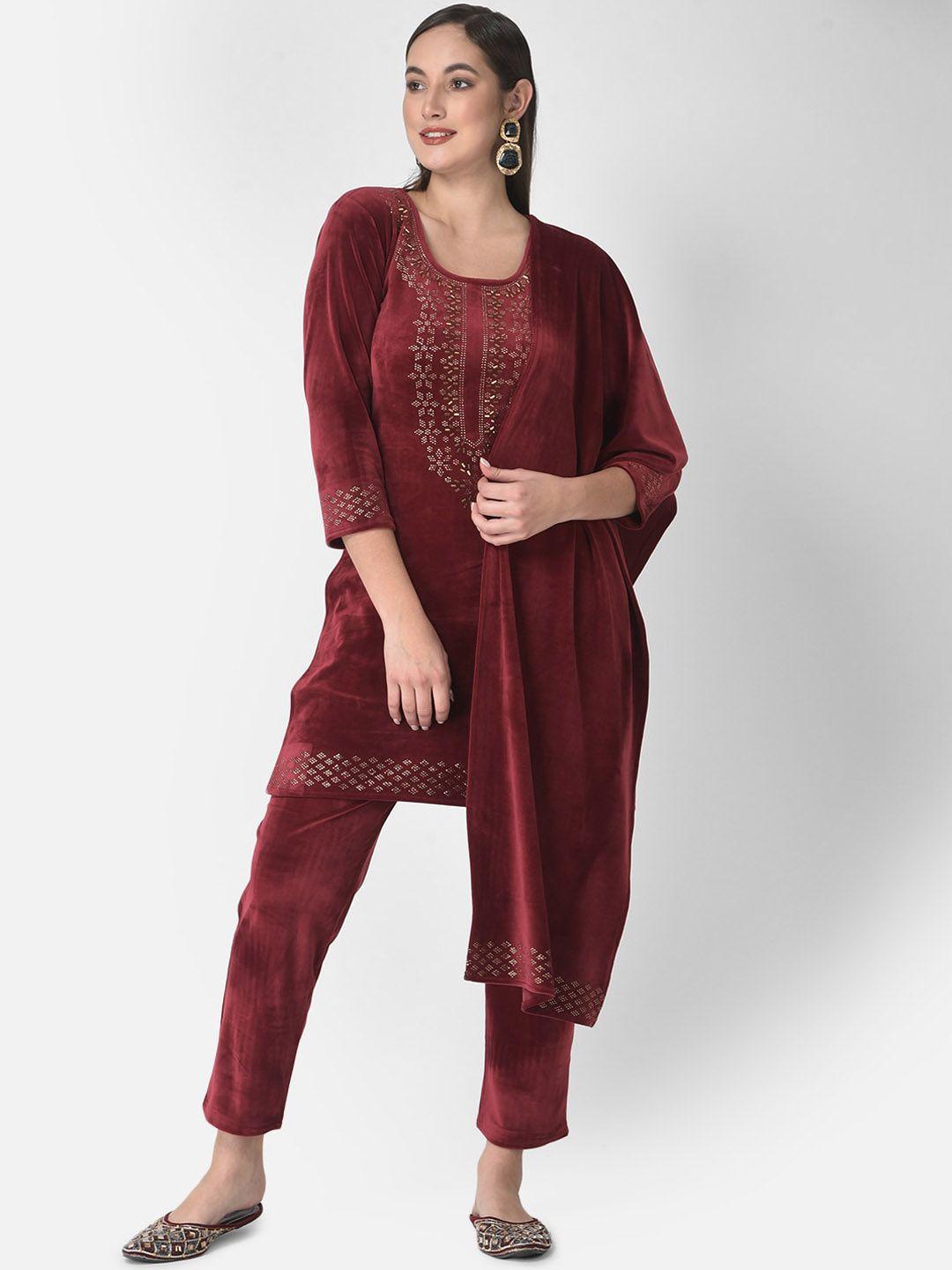 fnocks  ethnic motifs yoke design mukaish velvet kurta with palazzos & with dupatta