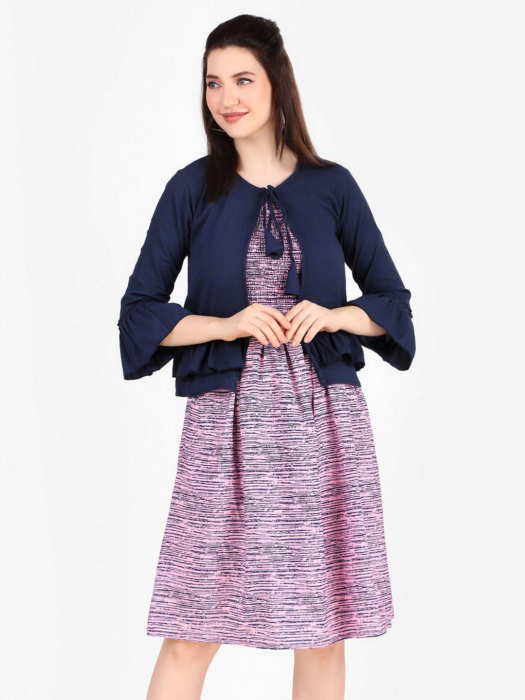 fnocks abstract printed shoulder strap smocked cotton fit & flare midi dress with jacket