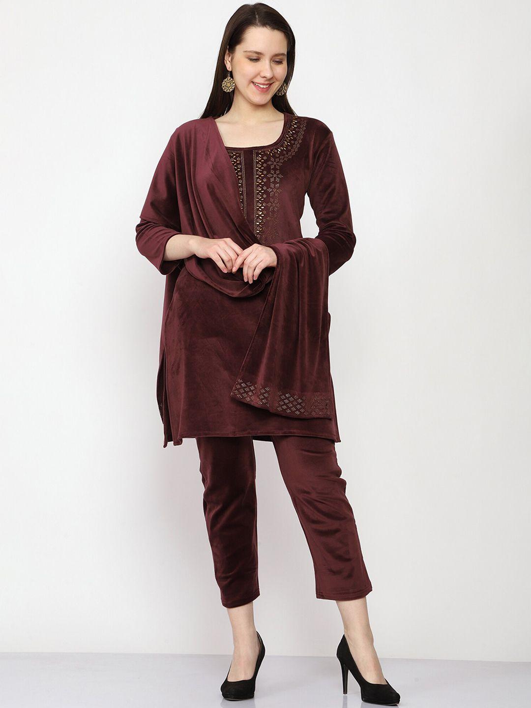 fnocks embroidered velvet kurta with trousers & dupatta