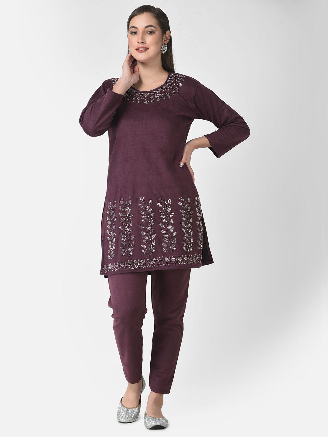 fnocks ethnic motifs printed beads and stones velvet kurti with trousers