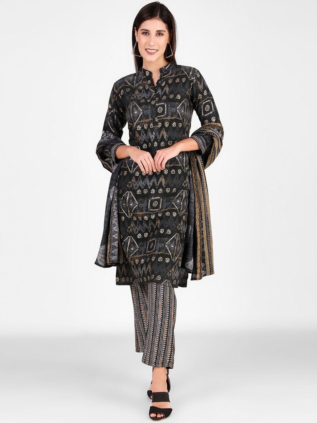 fnocks ethnic motifs printed mandarin collar organic cotton kurta with trousers & dupatta