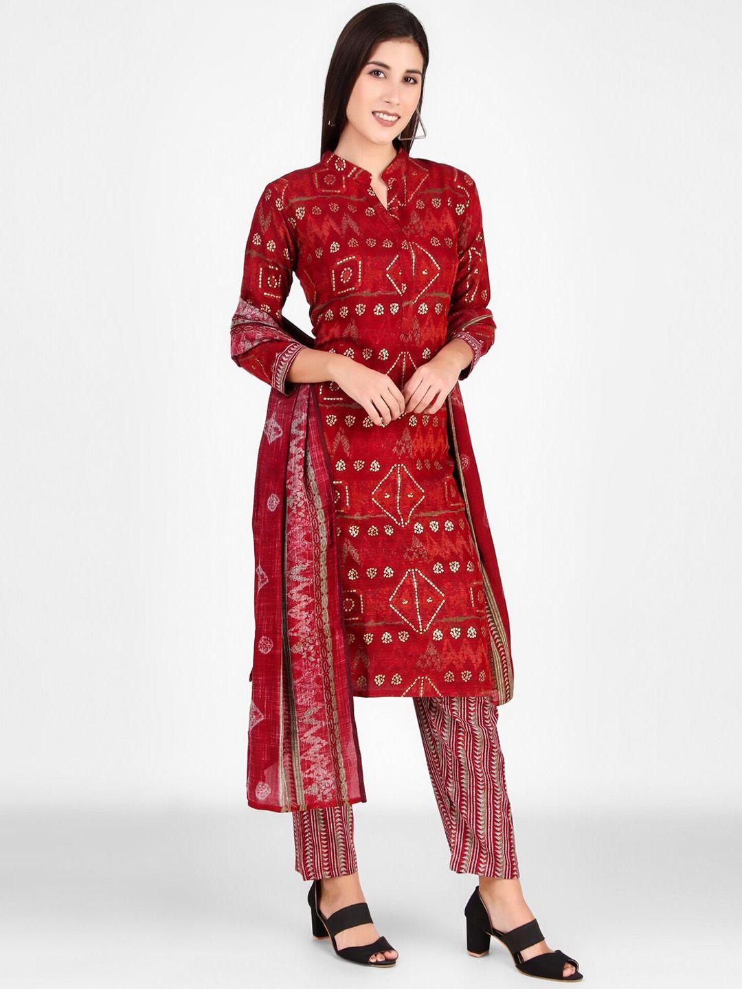 fnocks ethnic motifs printed organic cotton kurta with trousers & dupatta