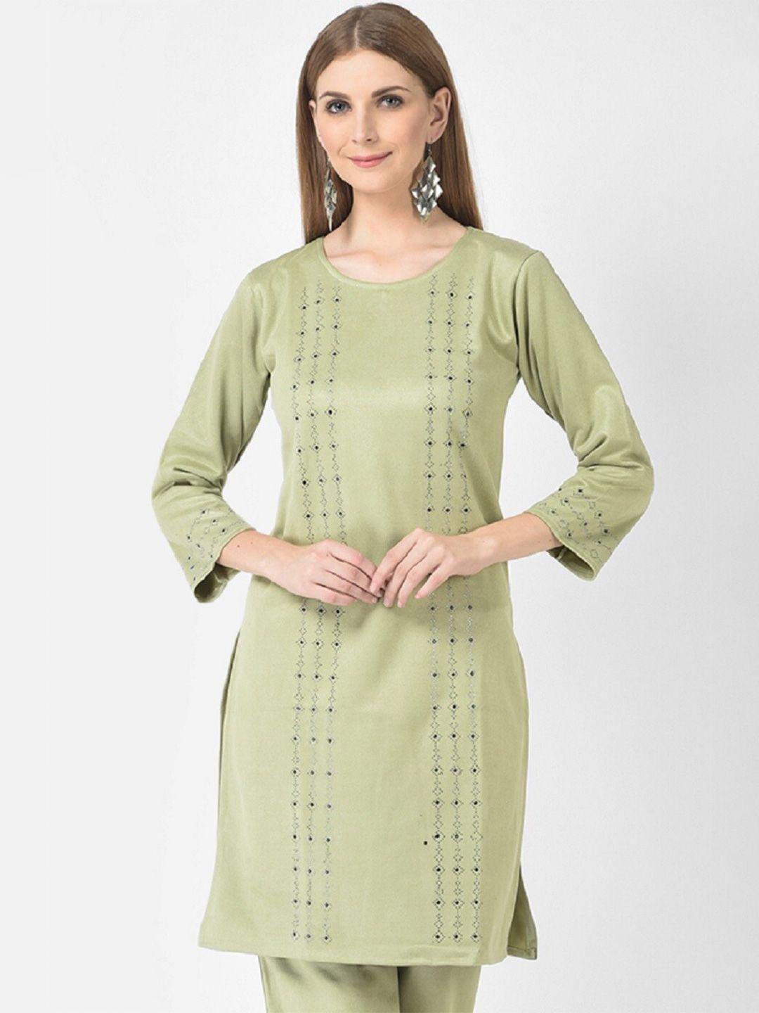 fnocks green geometric embellished velvet straight fit kurti