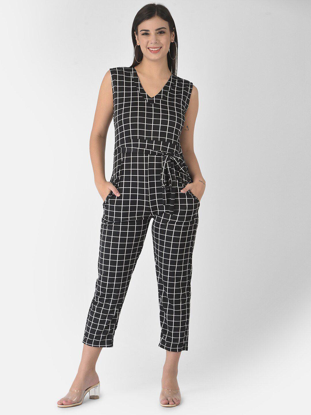 fnocks women black & white checked cotton basic jumpsuit