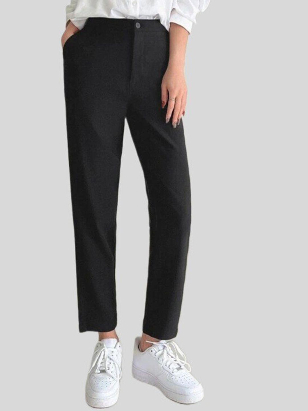fnocks women black relaxed straight leg slim fit high-rise easy wash trousers