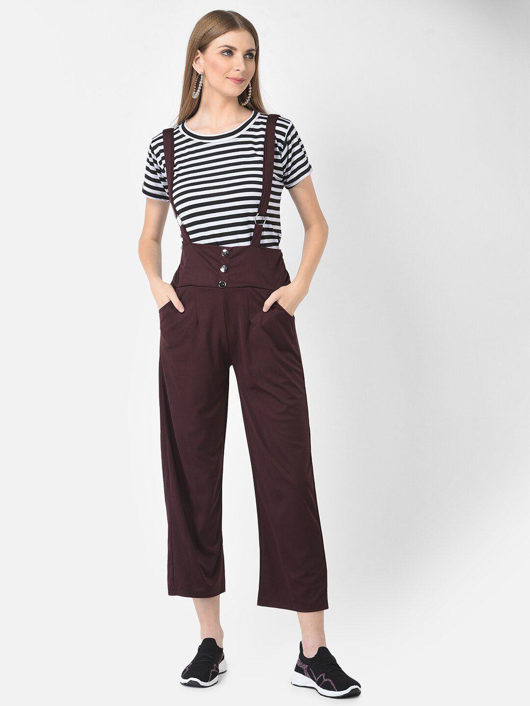 fnocks women burgundy & white striped cotton adjustable straps basic jumpsuit