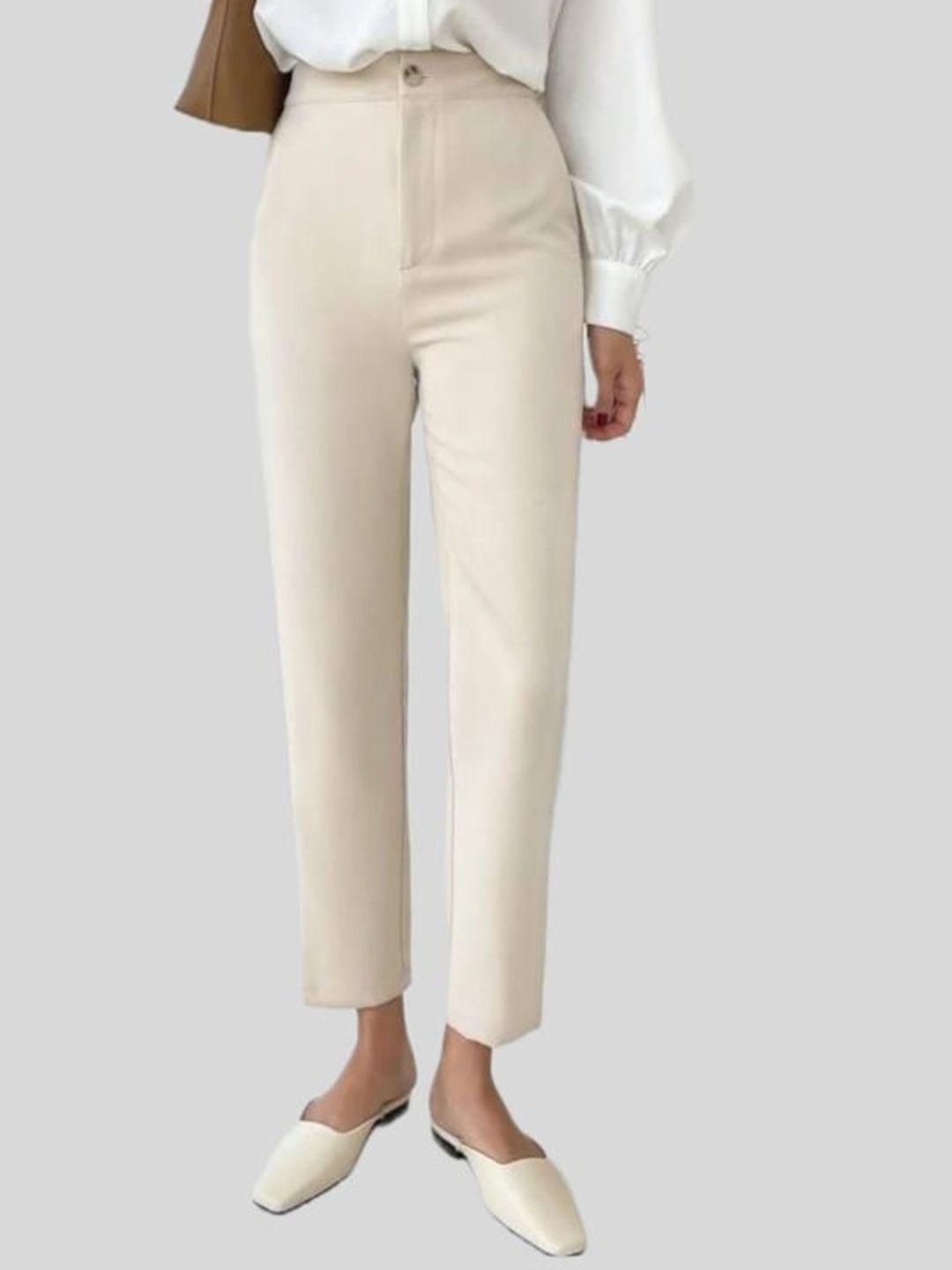 fnocks women cream-coloured relaxed straight leg slim fit high-rise easy wash trousers