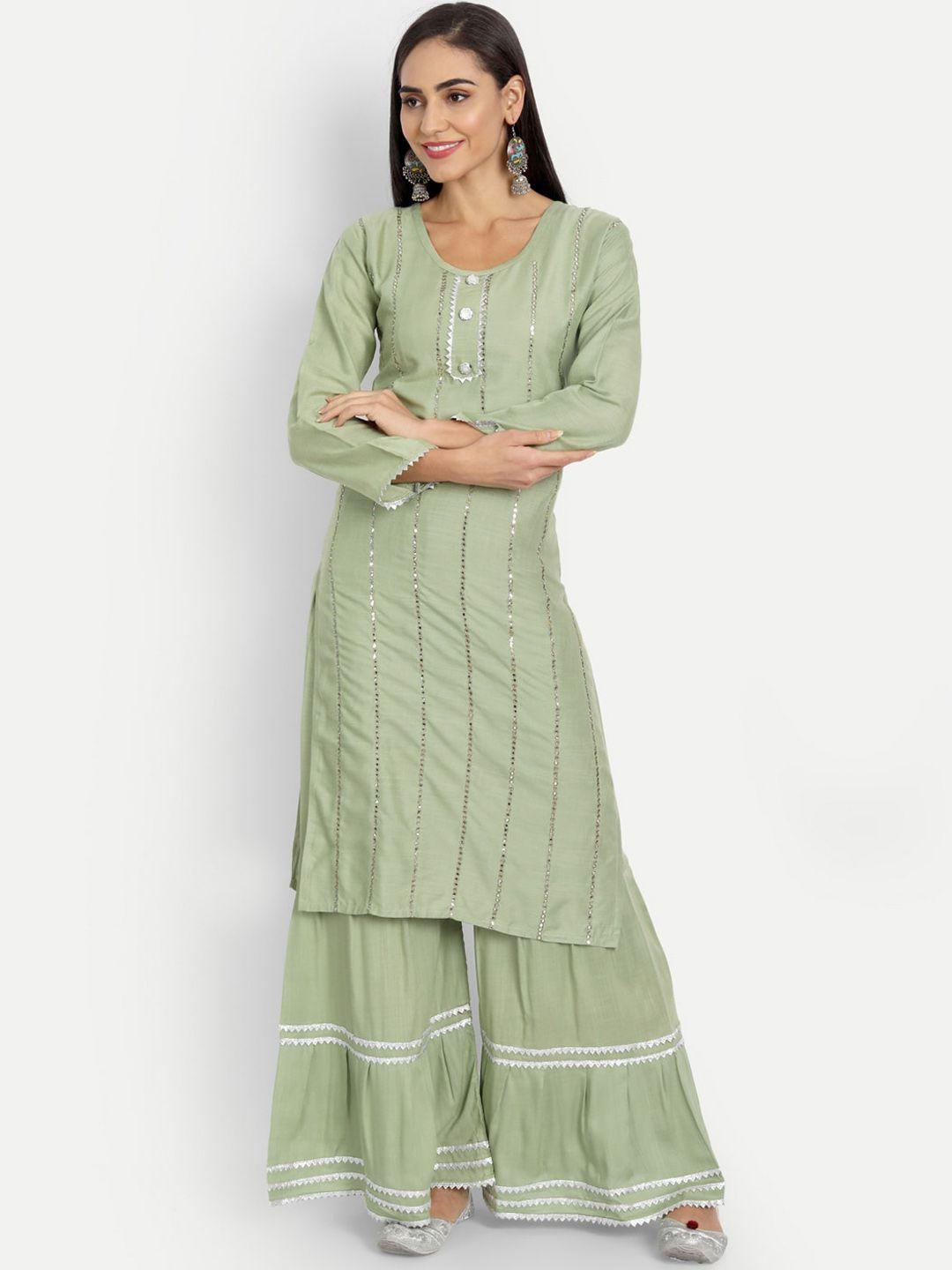 fnocks women green embroidered layered kurta with palazzos