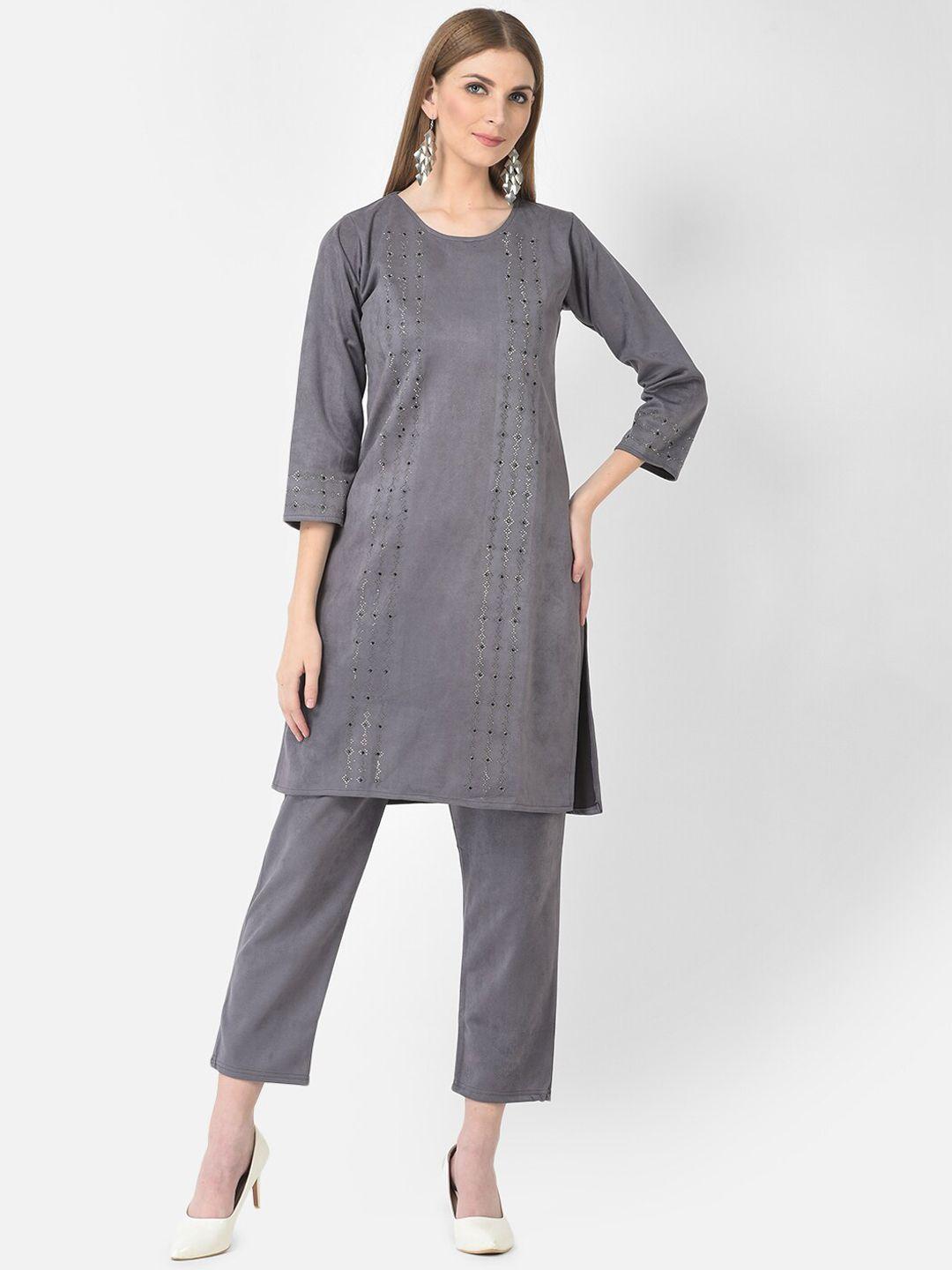 fnocks women grey sequinned velvet kurta with trousers