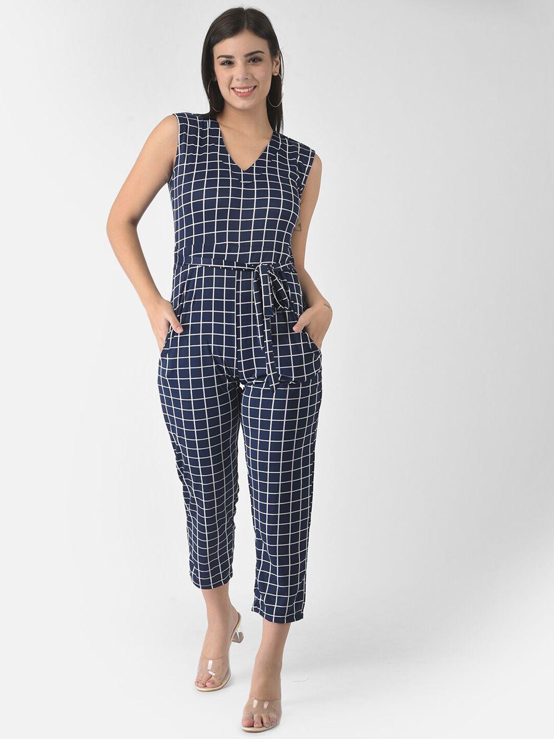 fnocks women navy blue and white checked sleeveless cotton basic jumpsuit