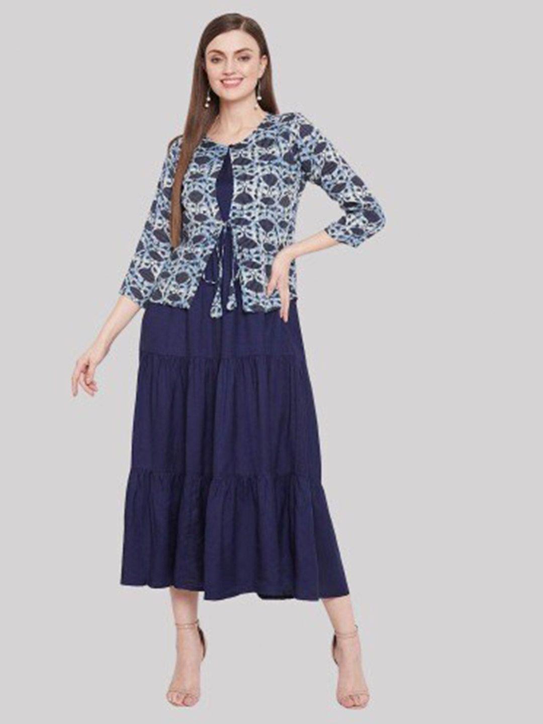 fnocks women navy blue printed anarkali kurta with jacket