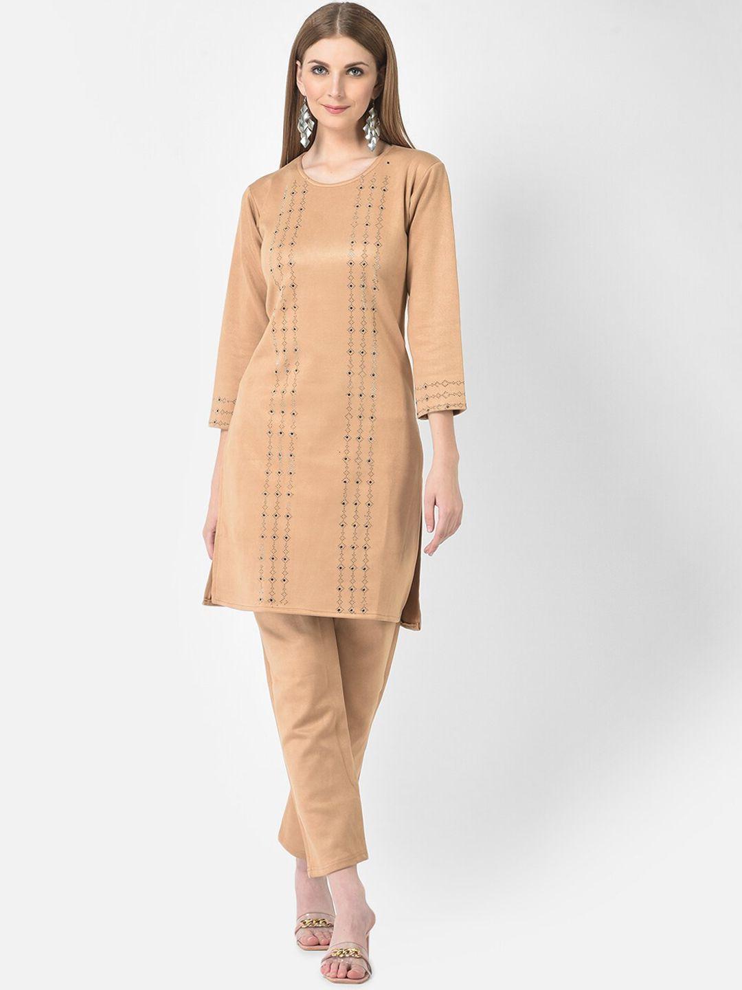 fnocks women peach-coloured sequinned velvet kurta with trousers