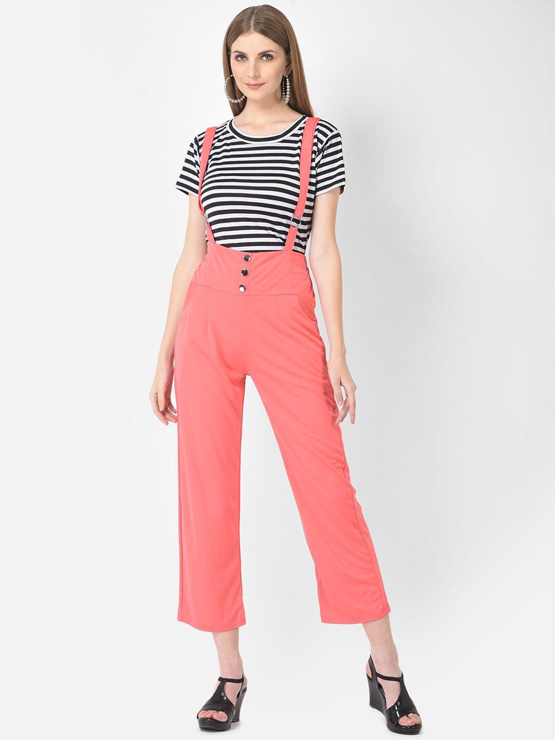 fnocks women peach-coloured solid dungarees