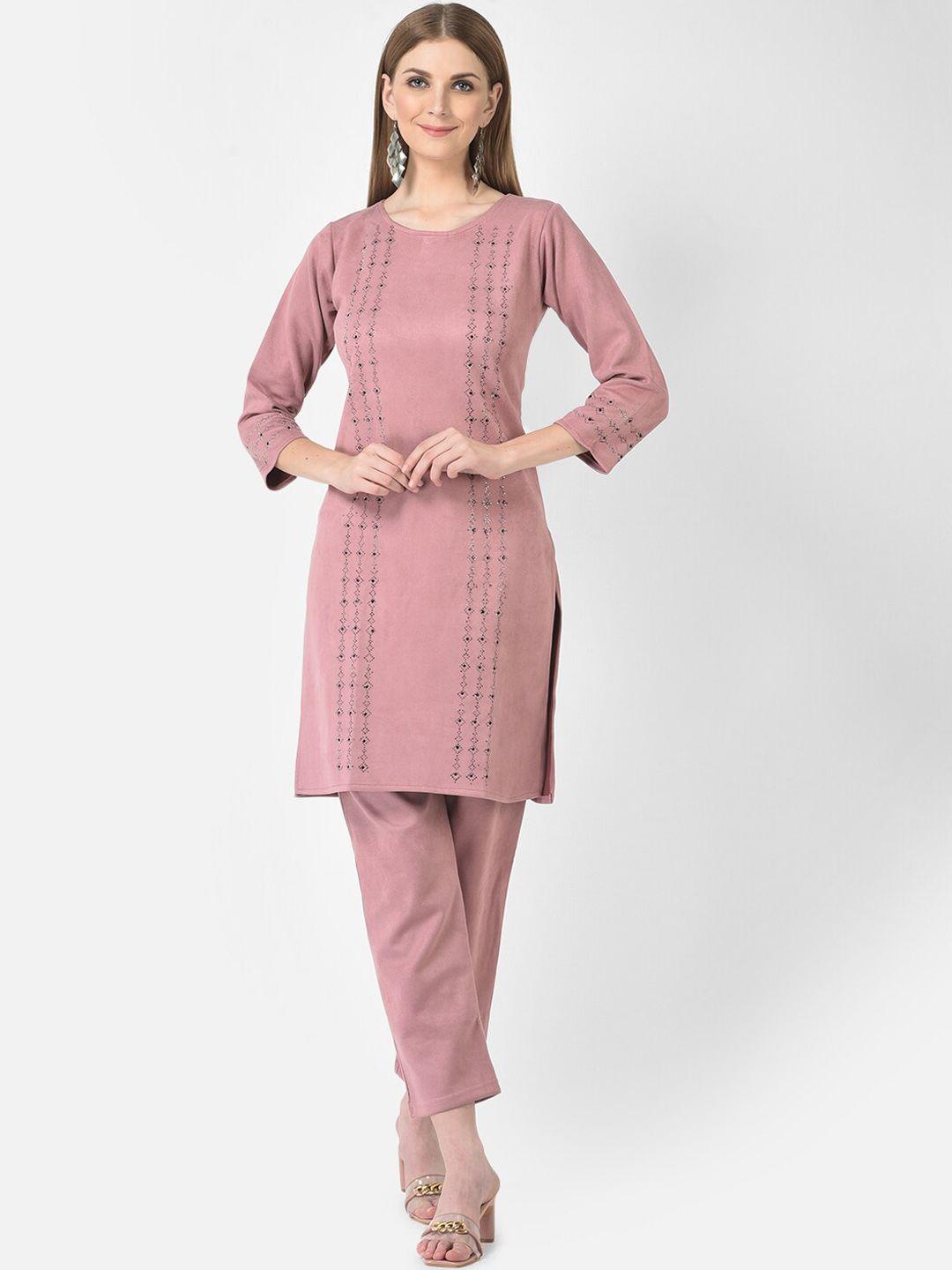 fnocks women pink sequinned velvet kurta with trousers