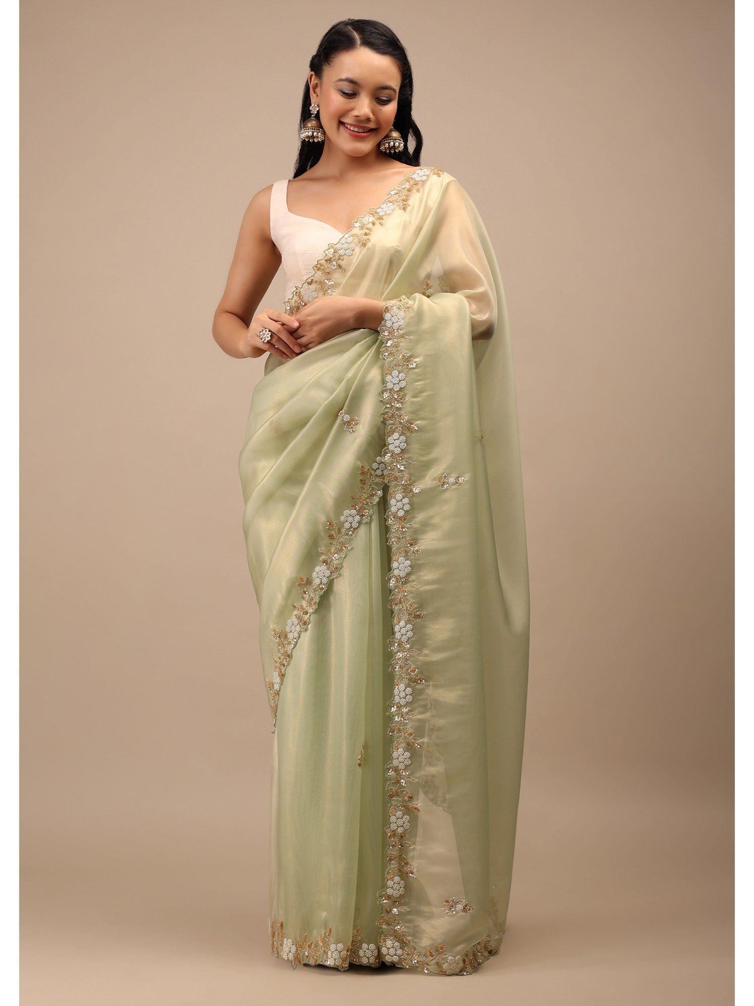 foam green tissue saree white moti & cut dana embroidery butti with unstitched blouse