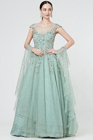 foam green tulle embroidered gown with stole