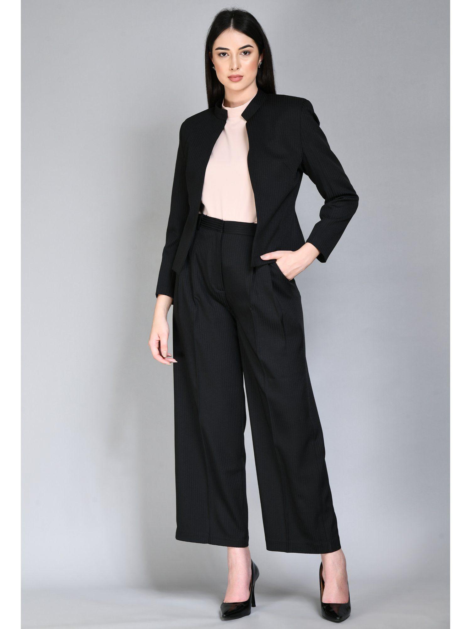 focus striped short blazer wide leg trouser - black (set of 2)