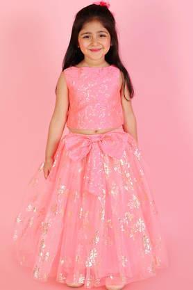 foil polyester regular fit girls choli & skirt set - pink