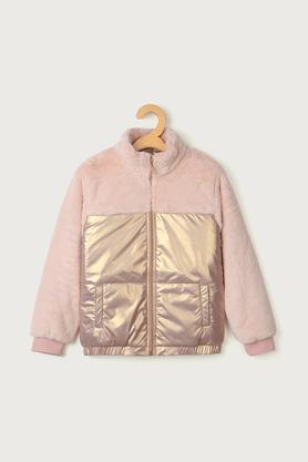 foil polyester round neck girls jacket - dusty peach