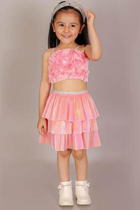 foil polyester square neck girl's party wear crop top & skirt set - coral