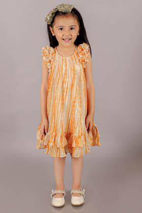 foil polyester round neck girl's party wear dress - orange
