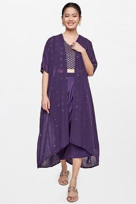 foil polyester round neck women's kurta palazzo dupatta set - purple