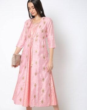 foil print a-line kurta with embroidered jacket