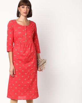 foil print a-line kurta with insert pocket