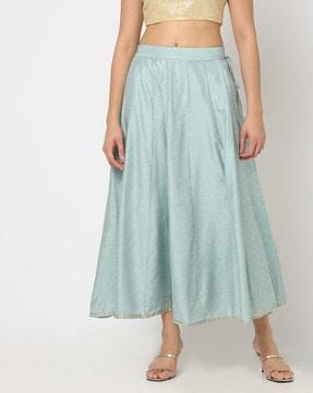 foil print flared midi skirt