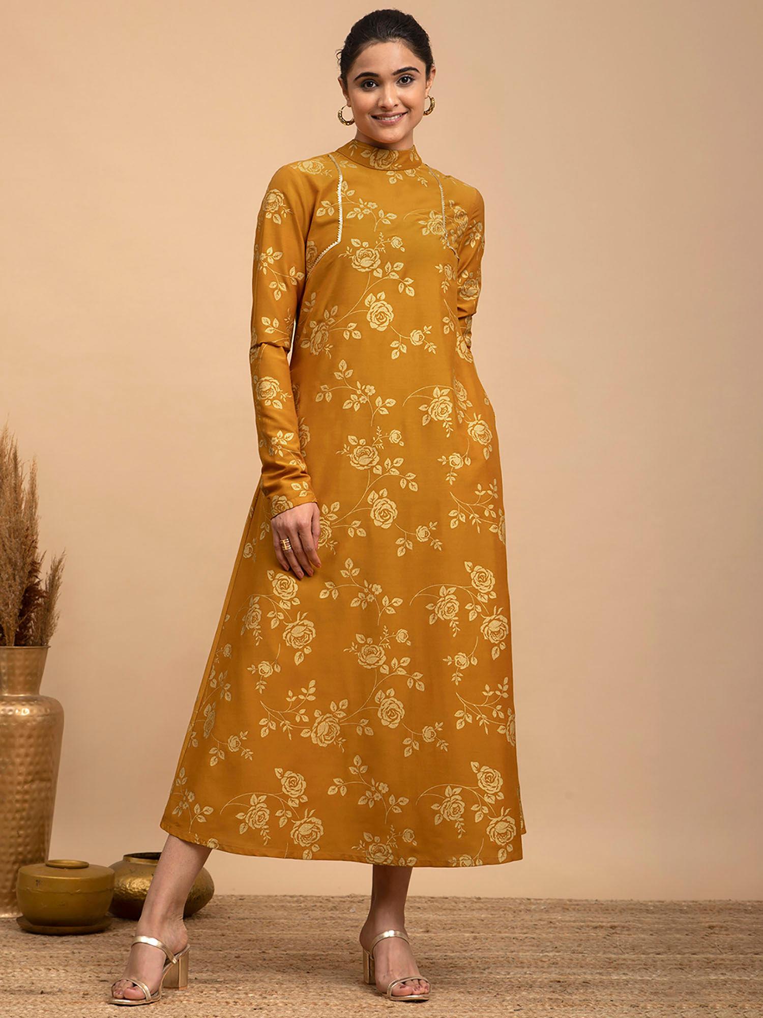 foil print mandarin neck silk dress - mustard